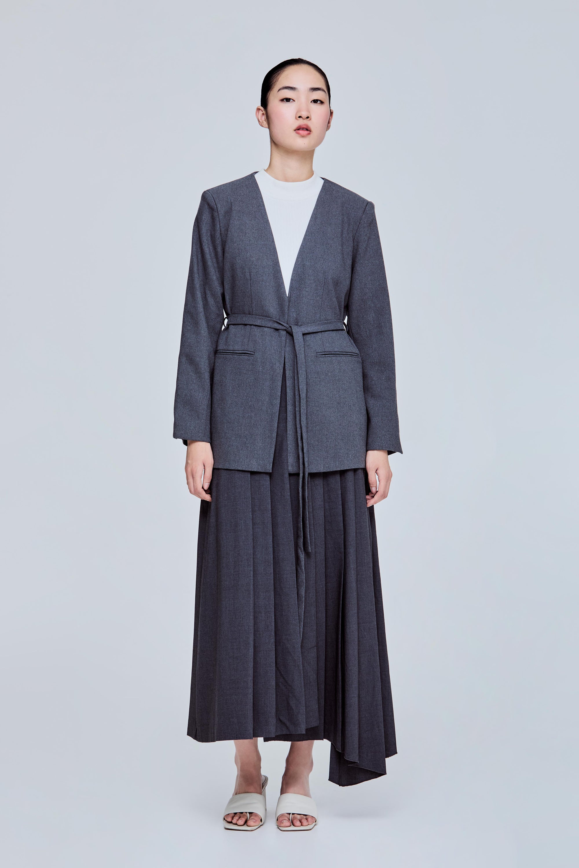 Collarless Blazer With Waist Tie