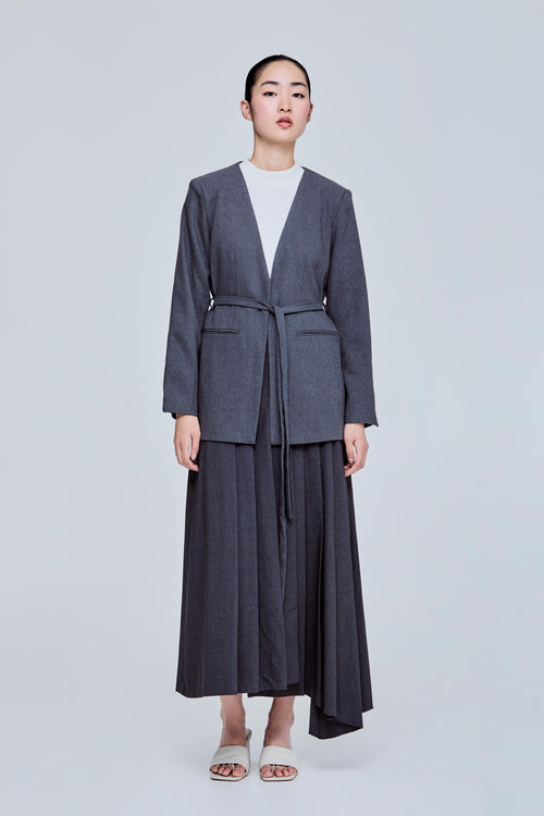 Collarless Blazer With Waist Tie