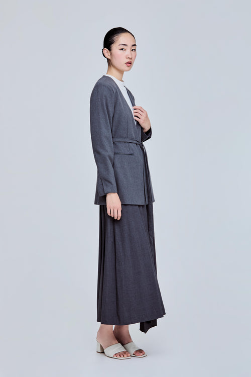Collarless Blazer With Waist Tie