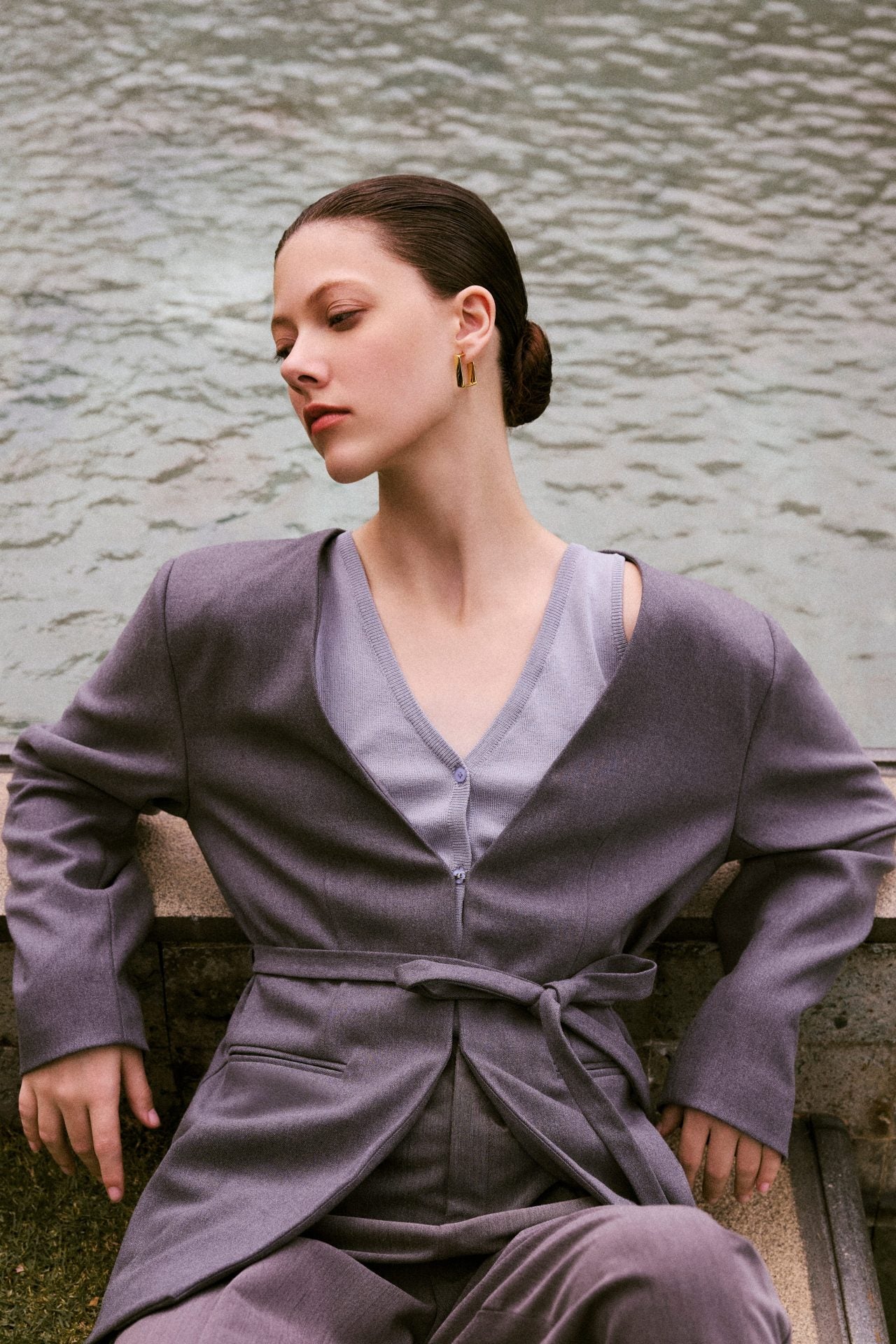 Collarless Blazer With Waist Tie