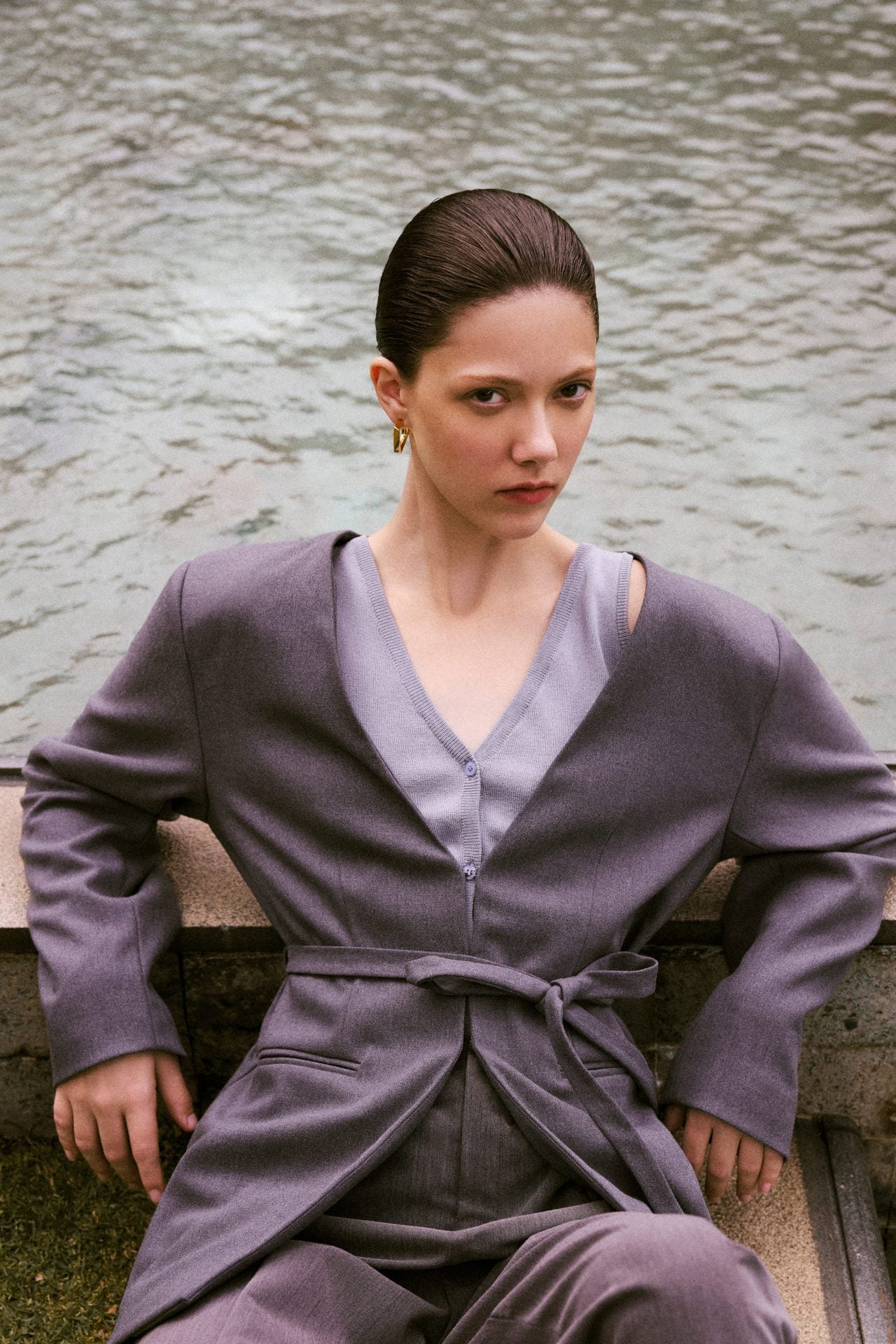 Collarless Blazer With Waist Tie